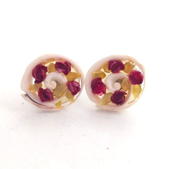 Vintage Estate Swirled Painted Shell Floral Beachy Romantic Screwback Earrings - Picture 1 of 3